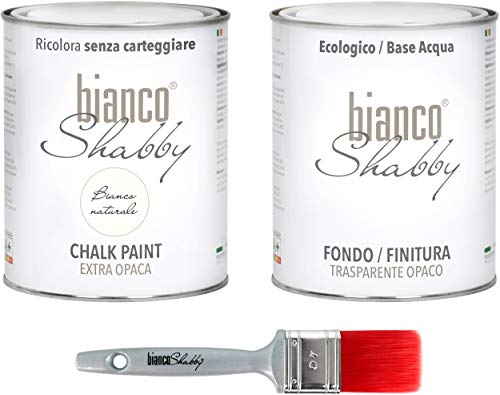 bianco Shabby® Kreidefarbe Set für Alle Oberflächen - 1 L Bianco Naturale Farbe & 1 L Versiegelung Plus 40 mm Pinsel auch für Möbel - Holzfarbe & Möbelfarbe für Innen & Außenbereich von bianco Shabby