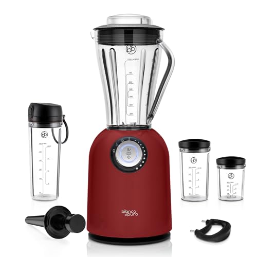bianco di puro Hochleistungsmixer Attivo bis 24.500 U/Min Smoothie Maker inkl. Sport-To-Go Mixbecher, 3 Mixprogramme, 10 Mixstufen, 6 Edelstahlklingen, Stopfer, 1L Tritan-Kunststoff, BPA-frei von bianco di puro