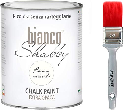 CHALK PAINT Naturweiß & Pinsel – Shabby Chic Vintage Extra Opace (1 Liter) + Professioneller Pinsel (40 mm) von bianco Shabby