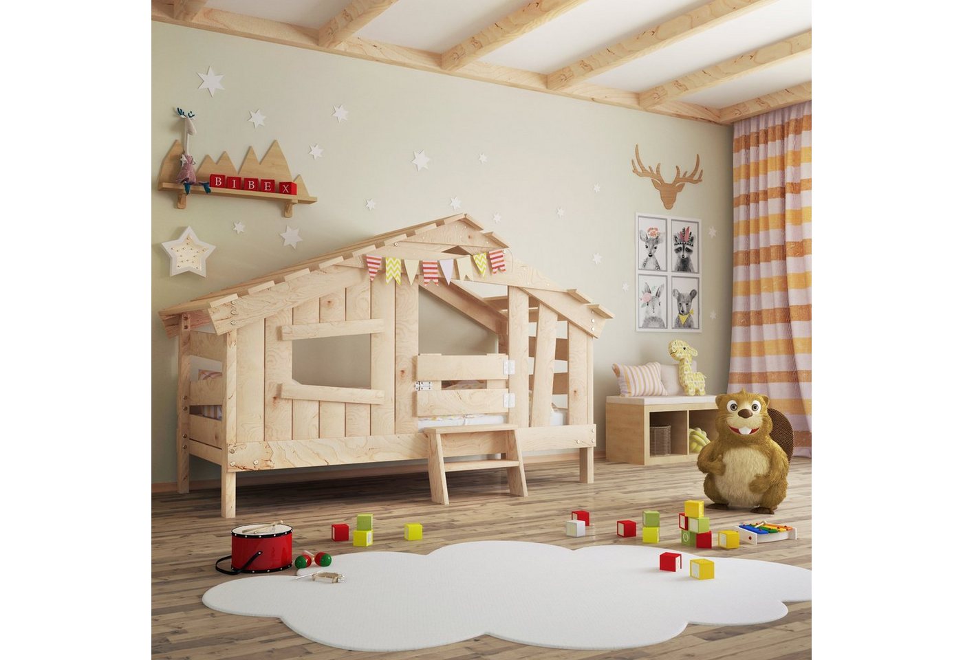 bibex Kinderbett APART CHALET Kinderbett, Jugendbett, Spielbett, naturbelassen von bibex