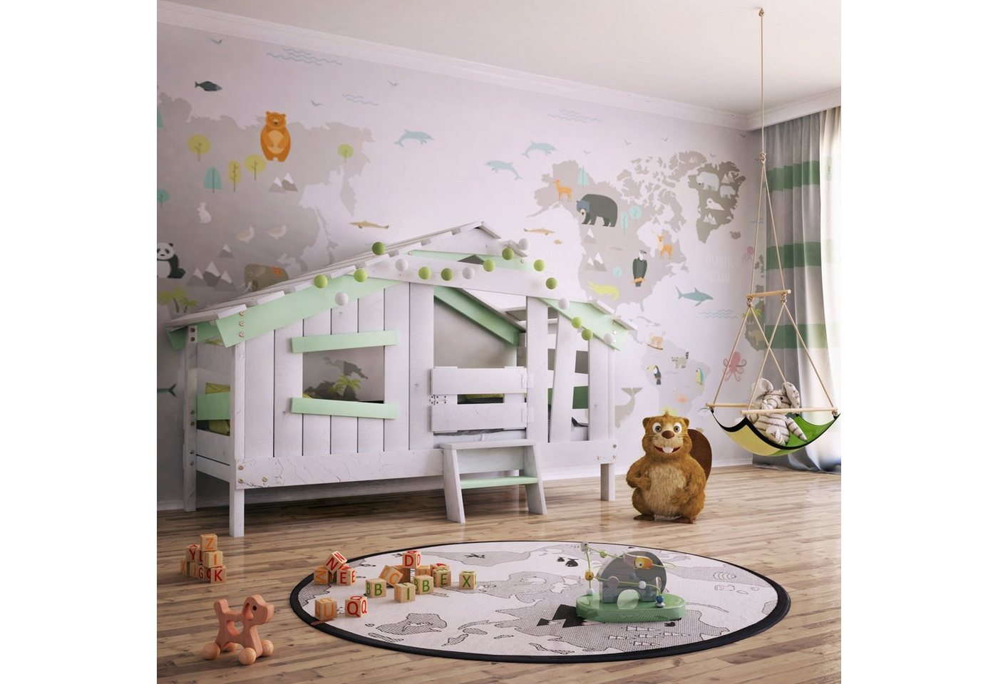 bibex Kinderbett APART CHALET Kinderbett, Jugendbett, Spielbett, sanft-grün von bibex