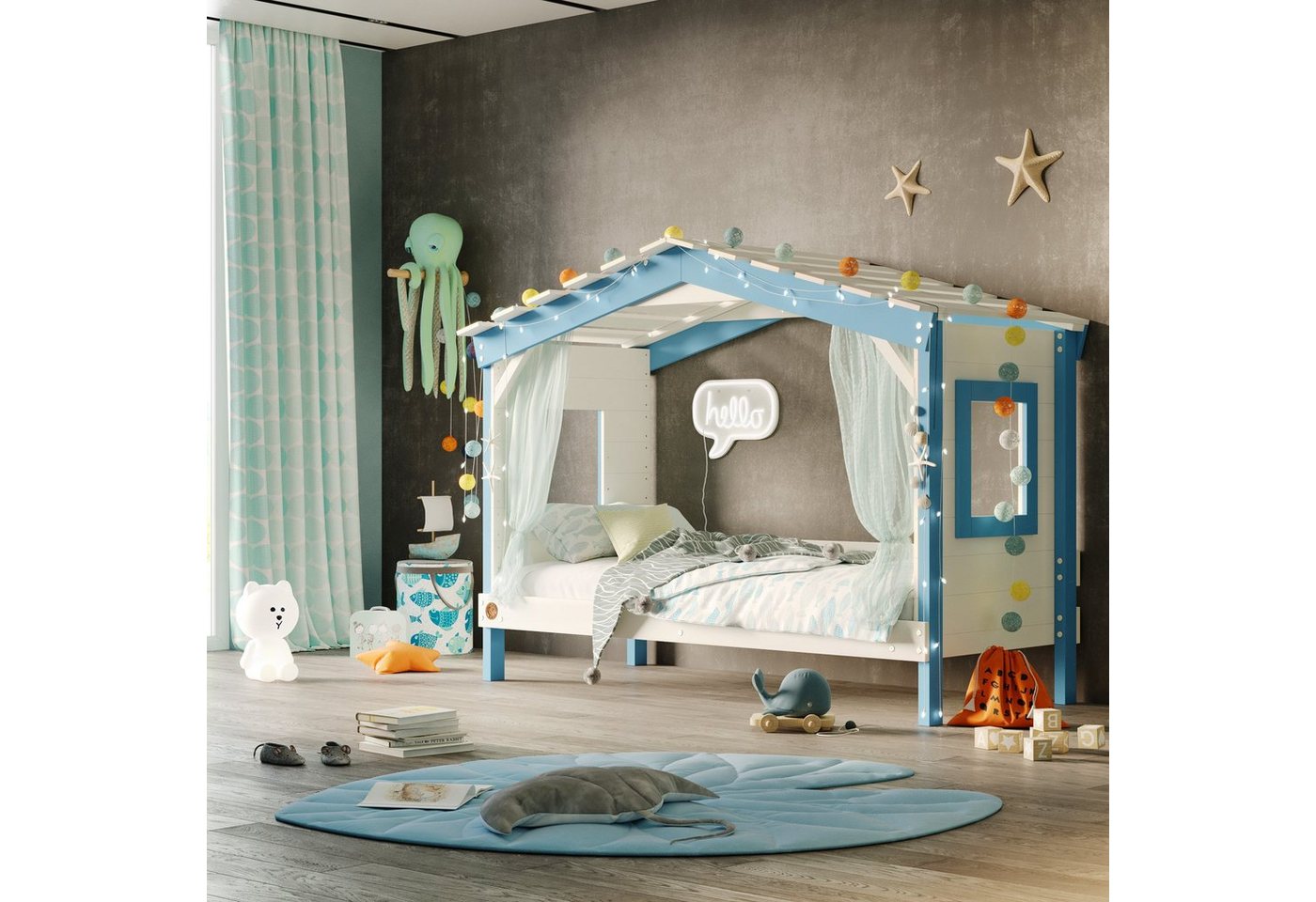 bibex Kinderbett DOLCE NIDO Kinderbett, Spielbett, Jugendbett, Spielhaus, Weiss/Blau von bibex