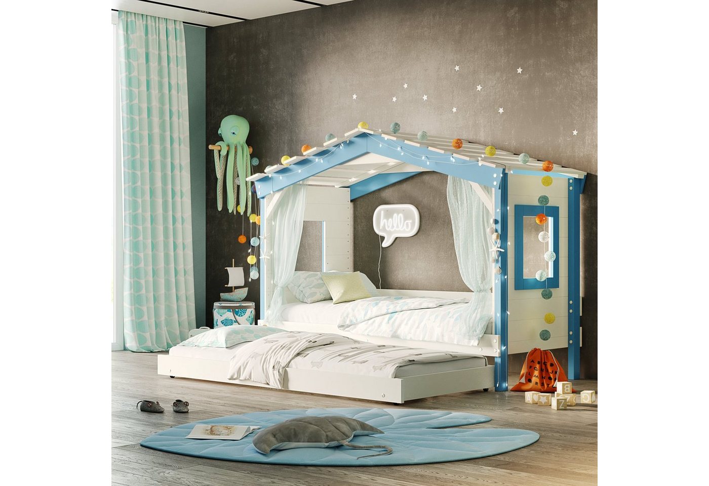 bibex Kinderbett DOLCE NIDO Kinderbett, Spielbett, Jugendbett, Spielhaus, Weiss/Blau von bibex