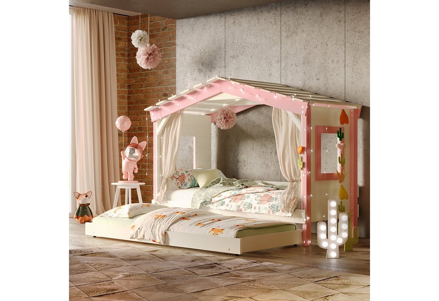 bibex Kinderbett DOLCE NIDO Kinderbett, Spielbett, Jugendbett, Spielhaus, Weiss/Rosa von bibex