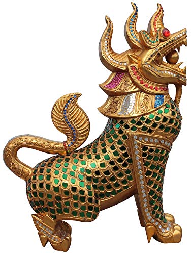 bick.shop Tempellöwe Holz Gold handgefertigte Rarität Thai Kunst Skulptur Wächterlöwe Buddha Beschützer von bick.shop