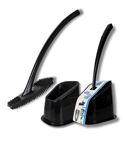 bideo® Silikon Toilettenbürste schwarz im 2er-Set – WC Bürstengarnitur mit Halter & Abtropffunktion – 360° Flexible Noppen für Randreinigung & Abfluss – WC Bürste schwarz von bideo