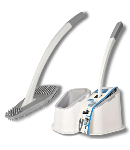 bideo® Silikon Toilettenbürste weiß im 2er-Set – WC Bürstengarnitur mit Halter & Abtropffunktion – 360° Flexible Noppen für Randreinigung & Abfluss – WC Bürste schwarz von bideo