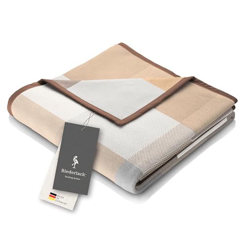 biederlack® flauschig-weiche Kuscheldecke Pure Cotton Karo - beige I Made in Germany I Öko-Tex I Sofa-Decke aus 100% Baumwolle in 150x200 cm I beige-braun Karierte Wohndecke I nachhaltig produziert von biederlack