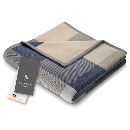 biederlack® flauschig-weiche Kuscheldecke Pure Cotton Karo - blau I Made in Germany I Öko-Tex I Sofadecke aus 100% Baumwolle in 150x200 cm I blau-grau Karierte Wohndecke I nachhaltig produziert von biederlack