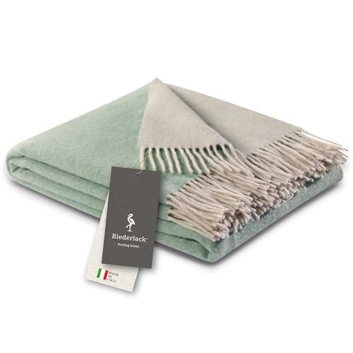 biederlack® samt weiche Kuschel-Decke Wool-Mix in Salbei-Creme I aus Wolle & Kaschmir I Öko-Tex Zertifiziert I Plaid in 130x170 cm | ideal als Tagesdecke und Sofa-Decke | Wohndecke in top Qualität von biederlack
