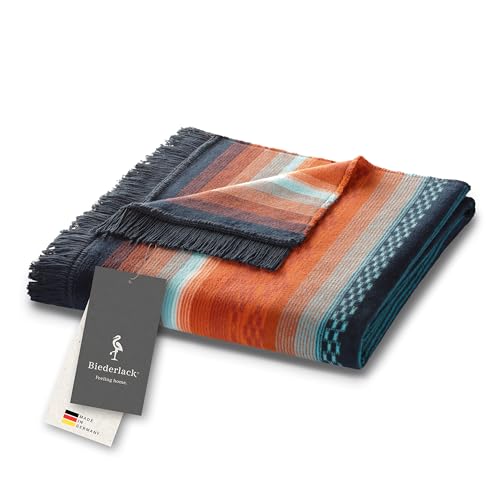 biederlack® weiche Kuschel-Decke 'Peru' aus Baumwollmischgewebe I Ethno Wohndecke in dunkelblau-orange I Made in Germany I Bunte Fransen-Decke in 150x200 cm I nachhaltig produziert I Öko-Tex von biederlack