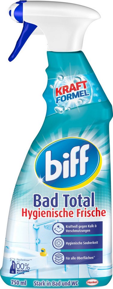 biff BIFF Bad Total Reiniger Hygienische Frische Flasche 750ml Badreiniger (für Oberflächen im Bad & WC, [1-St. 750ml entfernt 99,9 % der Bakterien und speziellen Viren) von biff