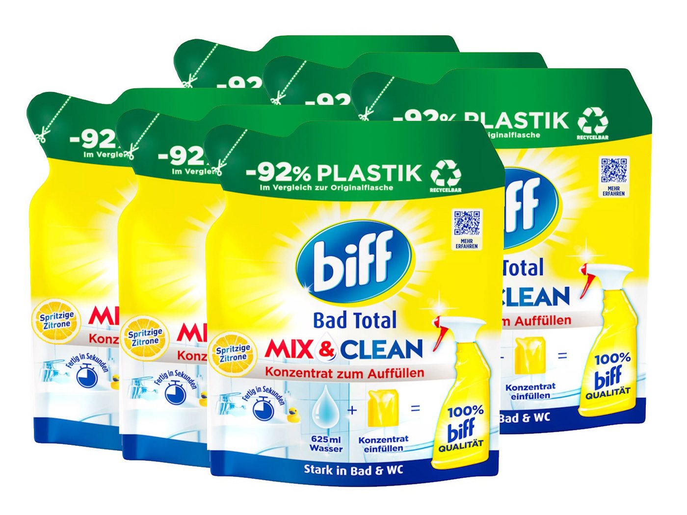 biff Bad Total Konzentrat Mix & Clean Spritzige Zitrone (6x 125ml) Badreiniger (Spar-Pack, [6-St. gegen Kalk & Schmutz Konzentrat zum Auffüllen mit 92% weniger Plastik) von biff
