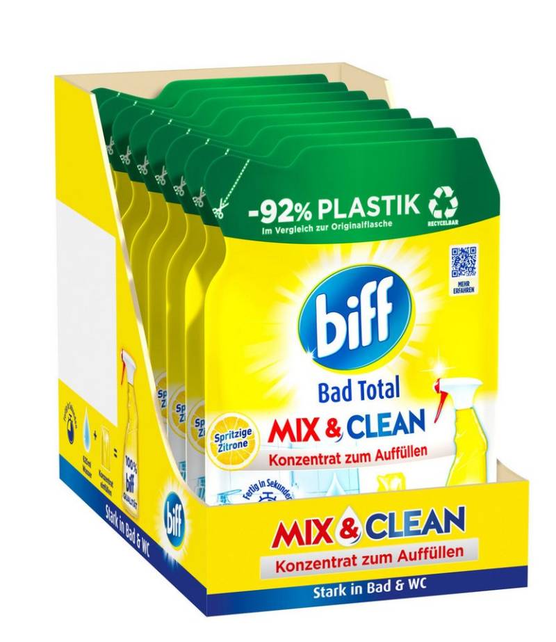 biff Bad Total Konzentrat Mix & Clean Spritzige Zitrone (8 x 125 ml) Badreiniger (Spar-Pack, [8-St. gegen Kalk & Schmutz, Konzentrat zum Auffüllen mit 92% weniger Plastik recycelbar) von biff