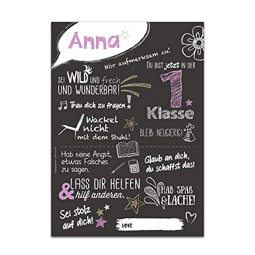 bigdaygraphix Personalisiertes Poster zur Einschulung für Mädchen und Jungen A3 matt Geschenk-Idee Schulbeginn erster Schultag rosa von bigdaygraphix