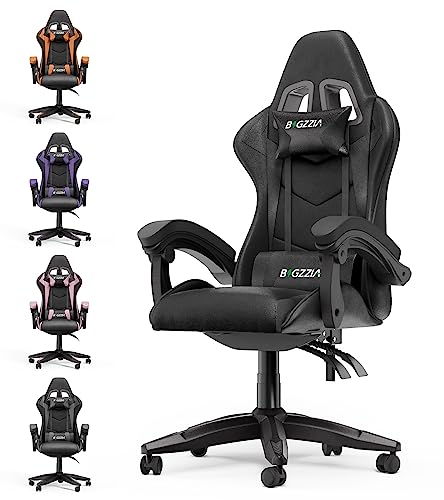 bigzzia Gaming Stuhl Ergonomisch - Gamer Stühle mit Lendenkissen + Kopfstütze Gaming Chair Höhenverstellbar Bürostuhl Computerstuhl für Erwachsene Mädchen Junge, Rein Schwarz von bigzzia