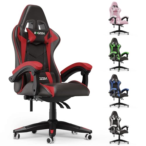 bigzzia Gaming Stuhl Gamer Chair - Computerstuhl Drehstuhl PC Stühle Ergonomisch mit Lendenkissen + Kopfstütze Höhenverstellbar für Erwachsene Mädchen Junge, Rot von bigzzia