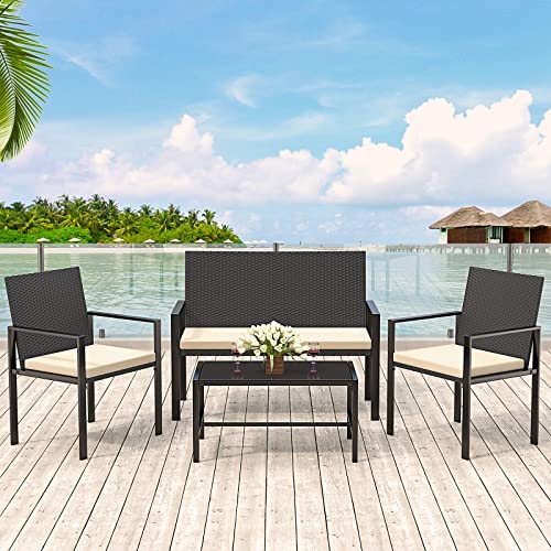 bigzzia Gartenmöbel Set, Rattan Garten Terrasse Outdoor Möbel 4 Teilig Set, einschließlich 2 Sessel, 1 Doppelsitzsofa mit stabilem Stahlgriff und 1 Tisch aus gehärtetem Glas, Schwarz von bigzzia