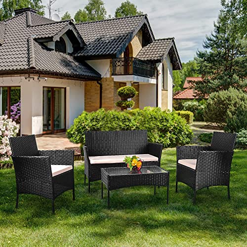 bigzzia Gartenmöbel-Set für den Außenbereich aus Rattan, 4-teilig, Gartenmöbel-Set für 4 Personen, inklusive 1 Sofa, 2 Sessel, 1 Tisch von bigzzia