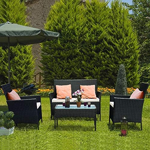 bigzzia Rattan-Gartenmöbel-Set, 4-teiliges Patio-Rattan-Möbelsofa Weaving Wicker umfasst 2 Sessel, 1 Doppelsitzer-Sofa und 1 Tisch von bigzzia