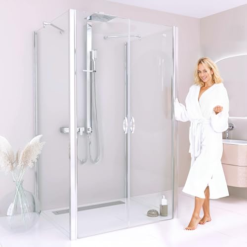 BIJON Duschkabine U Form 100x80 Dreiseitig Klarglas, Dusche Uform Duschkabine 100x80x195 cm - Nano, Lotuseffekt, Duschkabine 3 Seitig mit Pendeltür, Duschabtrennung ECHT-Glas von bijon