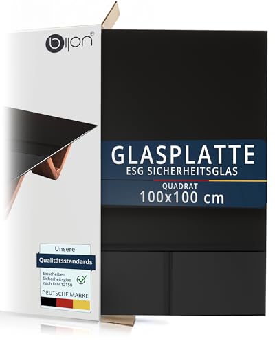 bijon Glasplatte Schwarz Tisch ESG Sicherheitsglas Quadratisch - Für Esstisch, Couchtisch, Gartentisch, Schreibtisch, Bodenplatte, Funkenschutz, Kaminschutz - Glasplatte 100x100 cm von bijon