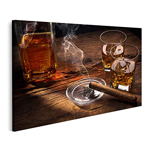 Bild auf Leinwand Whisky mit rauchender Zigarre Bilder Wandbild Poster Leinwandbild von bilderfelix