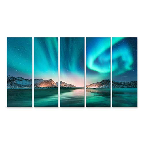 bilderfelix® Bild auf Leinwand Aurora borealis in den Lofoten Inseln, Norwegen. Aurora.Grüne Nordlichter. Sternenhimmel mit Polarli Wandbild, Poster, Leinwandbild JTU von bilderfelix