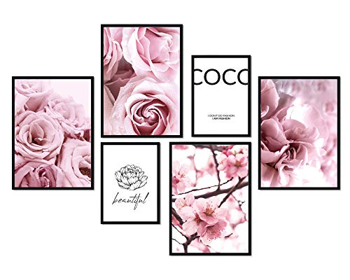 Premium Poster Set | Deko Bilder Wohnzimmer Modern | Schlafzimmer Bild für die Wand | (Coco Flowers, A4 | A5 in Holzrahmen (schwarz)) von bilderreich