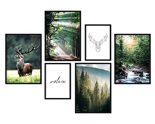 Premium Poster Set | Deko Bilder Wohnzimmer Modern | Schlafzimmer Bild für die Wand | (Wald Hirsch, A4 | A5 in Holzrahmen (schwarz)) von bilderreich