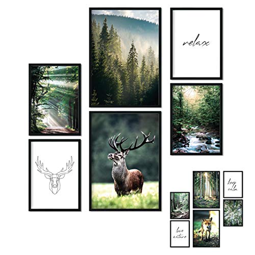 Poster 6er Set Beidseitige Bilder - Stilvolle Home Deko für Schlafzimmer und Wohnzimmer | Poster Vintage Set Traumfänger Boho A3 | A4 (Wald, A3 | A4 in Holzrahmen (schwarz)) von bilderreich