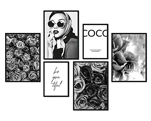 bilderreich Premium Poster Set Coco Schwarz-Weiß | Deko Bilder Wohnzimmer Modern 6er | Schlafzimmer Bild für die Wand | ohne Rahmen | 4X DIN A3 und 2X DIN A4 von bilderreich