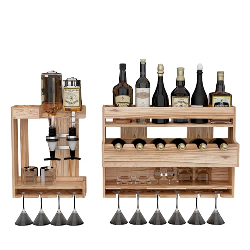 bimiti 2 in 1 Weinregal Holz Wandbar mit 2 Getränkespender und Weinglashalter Wand Schnapsbar mit Flaschenhalter Wandregal als Hausbar Mini Bar von bimiti