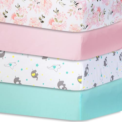 Bimocosy Spannbettlaken Spannbetttücher Laken für Babybetten Kinderbett 70x140cm,100% Mikrofaser, Oeko-TEX Standard 100 Zertifiziert,Blumen,Rosa,Elefant,Seeblau,4er Pack von bimocosy