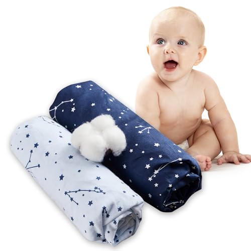 Bimocosy Premium Spannbettlaken 70x140cm für Mädchen und Jungen,2er Set, aus atmungsaktives 100% Twill Baumwolle für Baby Kinderbett,Sternbild Muster, Oeko-TEX Standard 100 Zertifiziert, Blau von bimocosy