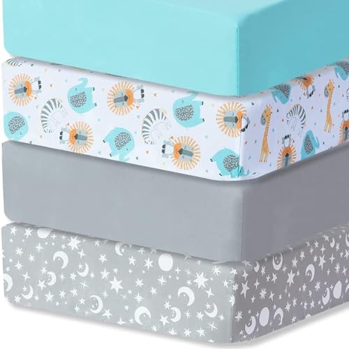 Bimocosy Spannbettlaken Spannbetttücher Laken für Babybetten Kinderbett 70x140cm, 100% Mikrofaser, Oeko-TEX Standard 100 Zertifiziert,Seeblau,Tier,Grau,Sternhimmel,4er Pack von bimocosy