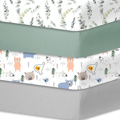 Bimocosy Spannbettlaken Spannbetttücher Laken für Babybetten Kinderbett 60x120 cm, 100% Mikrofaser, Oeko-TEX Standard 100 Zertifiziert,4er Pack,Bläter,Grün,Bär,Grau… von bimocosy