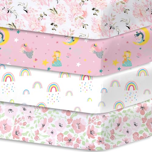 Bimocosy Spannbettlaken Spannbetttücher Laken für Babybetten Kinderbett 60x120 cm,Blumen,Mädchen,Regenbogen,Rosen,100% Mikrofaser, Oeko-TEX Standard 100 Zertifiziert,4er Pack von bimocosy