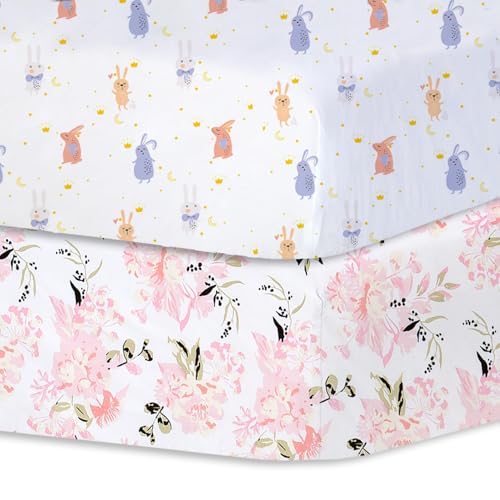 Bimocosy Spannbettlaken Spannbetttücher Laken für Babybetten Kinderbett 60x120 cm, 100% Mikrofaser,Oeko-TEX Standard 100 Zertifiziert,2er Pack,Blumen,Elefant von bimocosy