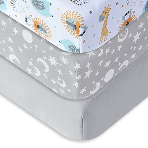 Bimocosy Spannbettlaken Spannbetttücher Laken für Babybetten Kinderbett 60x120 cm, 100% Mikrofaser, Oeko-TEX Standard 100 Zertifiziert,3er Pack,Grau,Sternhimmel,Tier von bimocosy