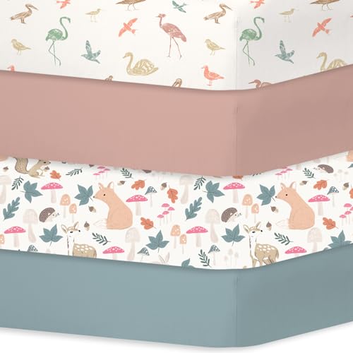 Stretch Sheet für Kinderzimmer, Spannbettlaken, 70 x 140 cm, Spannbettlaken, Öko-TEX Standard 100, 4 Stück, Vögel der Feuchtgebiete von bimocosy