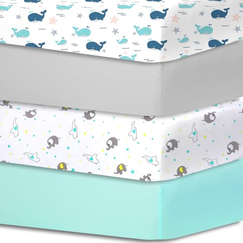 Spannbettlaken für Babybett, Kinderbett, 70 x 140 cm, Motiv: Whale and Elephant Patterns and Two Colors of Aqua Green and Light Grey, zertifiziert nach Öko-TEX Standard 100, 4 Stück Spannbettlaken für Babybett, Kinderbett, 70 x 140 cm, Motiv: Whale and Elephant Patterns and Two Colors of Aqua Green and Light Grey, zertifiziert nach Öko-TEX Standard 100, 4 Stück von bimocosy