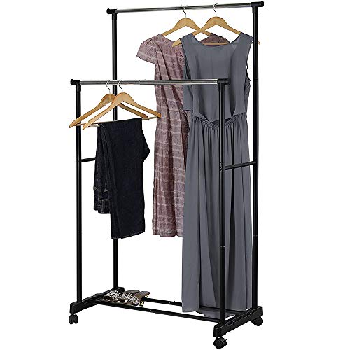 HAOYUNLAI Kleiderständer A63 Silber verstellbar – L 84-150 x T 42 x H 108-170 cm mit 4 Rollen 2 Aufhängeschienen Einfache Montage und Schwarz von binoa
