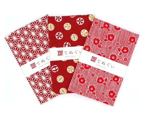 irodori Traditionelles japanisches Tenugui-Handtuch, rot, mit Ausfransenschutz, 3 Stück mit Tenugui Iroha von binoa
