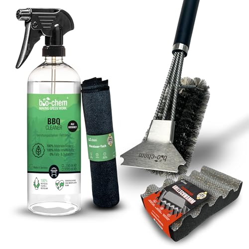 bio-chem BBQ-Cleaner Grillreiniger 750 ml + Mikrofasertuch - Effektive Reinigung in Profi-Qualität - Grillrost Pflegespray geruchsneutral & materialschonend für Jede Oberfläche, besonders Aluminium von bio-chem