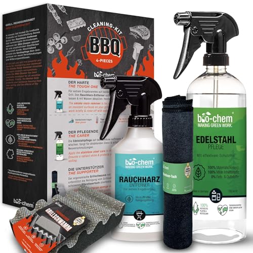 bio-chem Grillreiniger Set 3-teilig: Rauchharz-Entferner 500 ml + Edelstahlpflege 750 ml + Mikrofasertuch I Zur extra starken Reinigung mit Schutz von Grill, Grillrost, Gasgrill, Gusseisen u.v.m. I DE von bio-chem