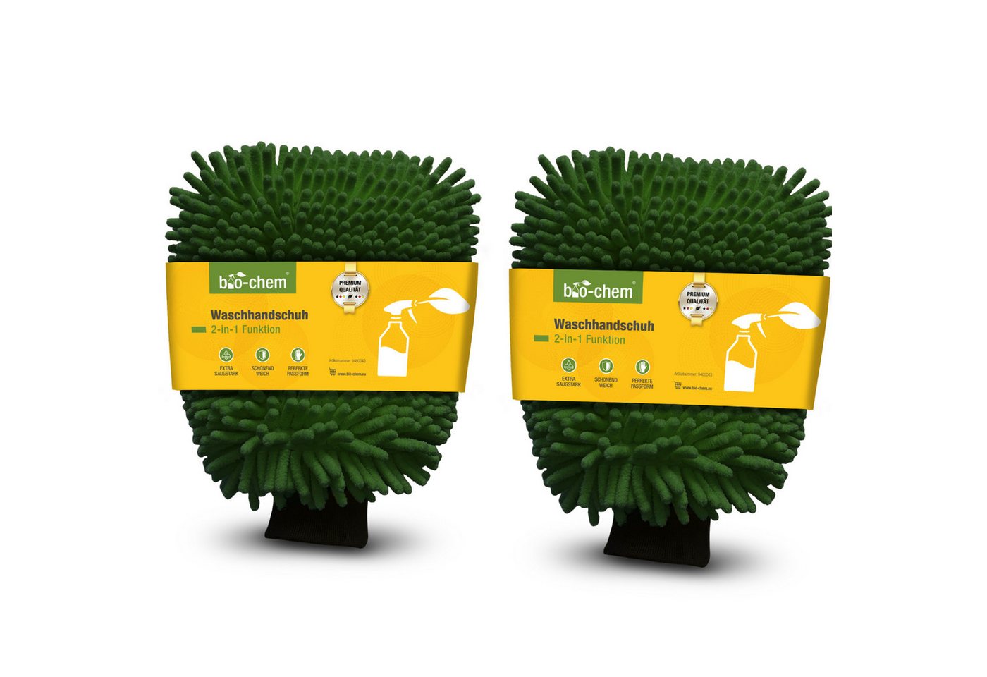 bio-chem 2-in-1 Mikrofaser Waschhandschuh – weich, stark & vielseitig Reinigungstücher (Mikrofaser, Netzgewebe, Sparpaket, 2-tlg., 2x Waschhandschuh 2-in-1 Funktion grün, 2-in-1 Mikrofaser-Zotteln & Netzseite kombiniert) von bio-chem