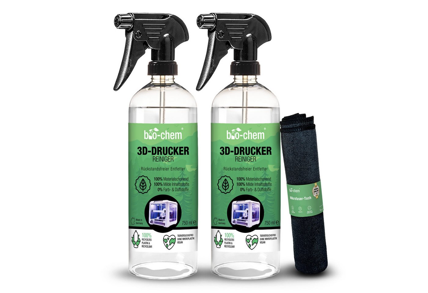 bio-chem 3D-Drucker-Reiniger 2x 0.75 l Handsprayflasche + Mikrofasertuch Kunststoffreiniger von bio-chem