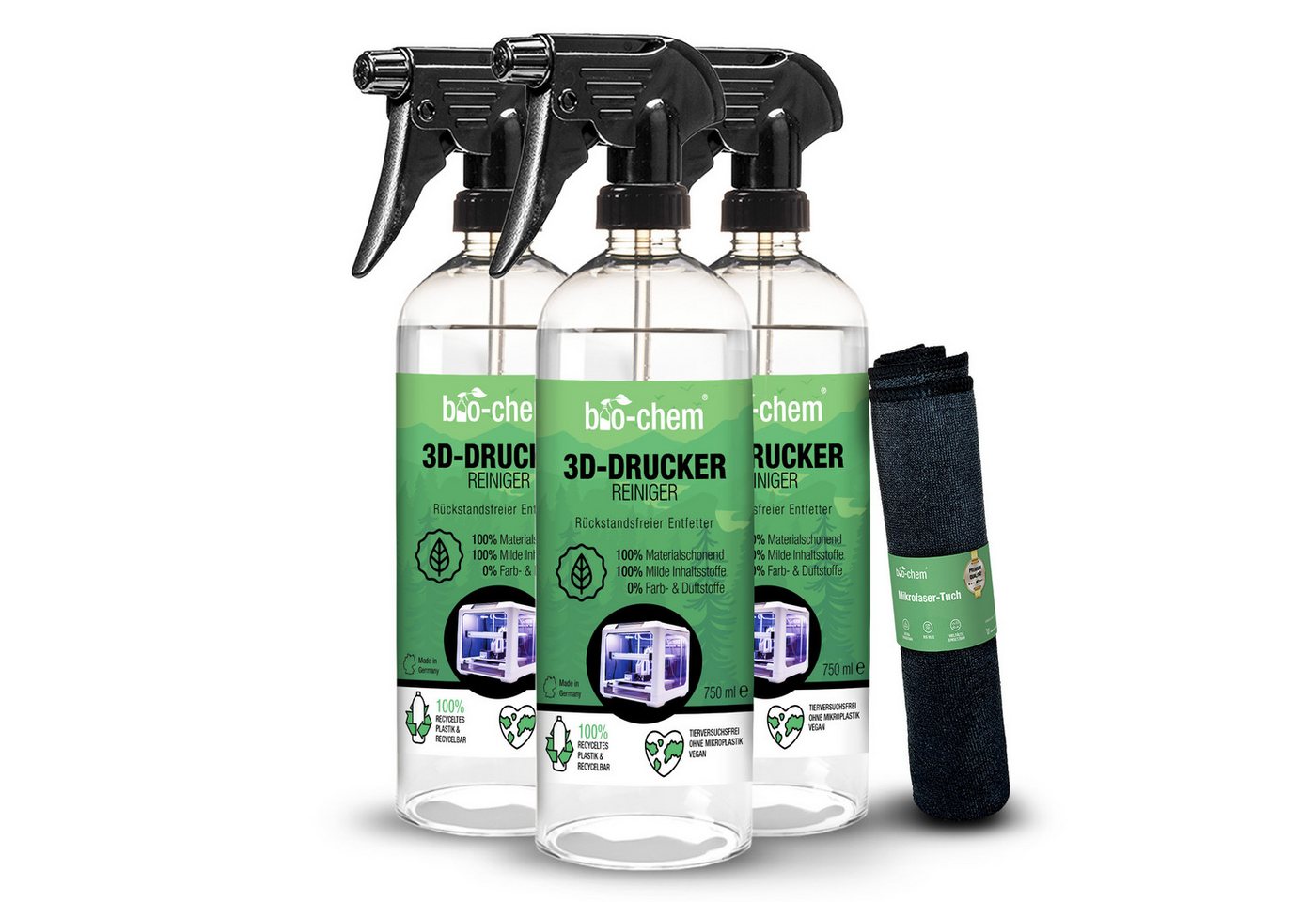 bio-chem 3D-Drucker-Reiniger 3x 0.75 l Handsprayflasche + Mikrofasertuch Kunststoffreiniger von bio-chem