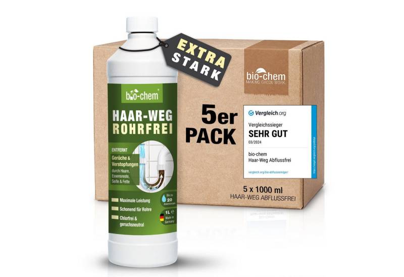 bio-chem Abflussreiniger EXTRA STARK - Profi Rohrreiniger - Geruchsneutral Rohrreiniger (Sparpaket, [5-St. HAAR-WEG Abflussfrei 5x 1 l Extra starker Rohrreiniger – entfernt Verstopfungen & Gerüche) von bio-chem